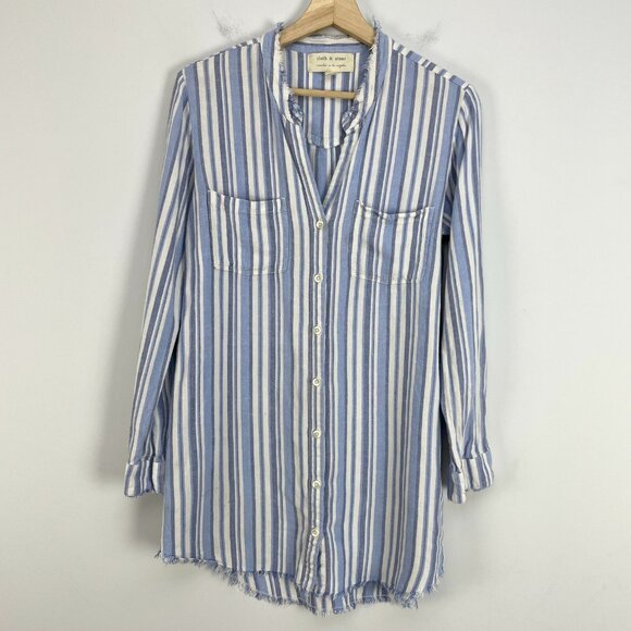Cloth & Stone Western Striped Fray Hem Button Shirt Dress Size Small Blue Linen - Picture 1 of 12